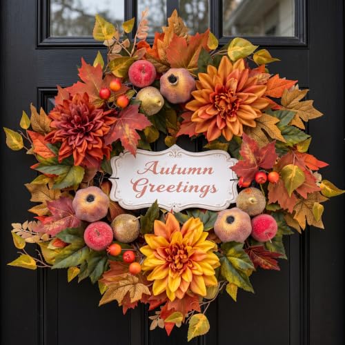 Valery Madelyn 24'' Collapsible Pre-Lit Fruits Fall Wreath for Front Door