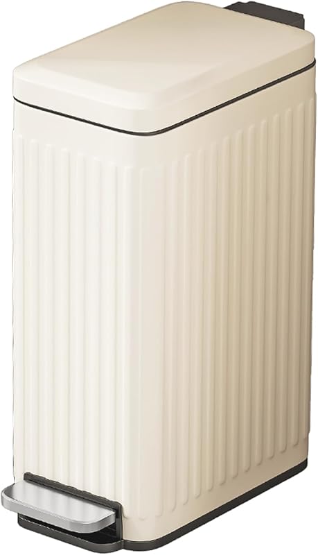 Slim Bathroom Trash Can with Lid 5.5-Inch Wide Fluted Creamy White | Ultra-Slim Bathroom Trash Can Fluted Stainless Steel Soft Close Lid Step Pedal 10L Outer 8L Removable Inner Bucket