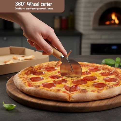 3-Piece Pizza Wheel Set with Wooden Handles,Pasta Cutter, Pastry Cutter Wheel for Pizza Dough, Pastry Wheel Cutter with Holes for Easy Cutting, Durable Stainless Steel Blades