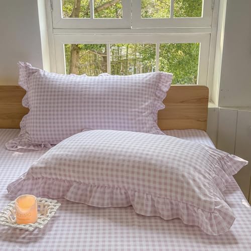 NSNLGSGC Pink Gingham Ruffled Pillow Shams 20"x26", Set of 2