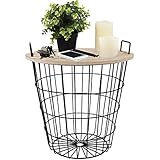 Beistelltisch rund 38xH40cm, schwarzer Metallkorb mit abnehmbarer Holzplatte - Aufbewahrungskorb Couchtisch Wohnzimmertisch Blumentisch Loungetisch