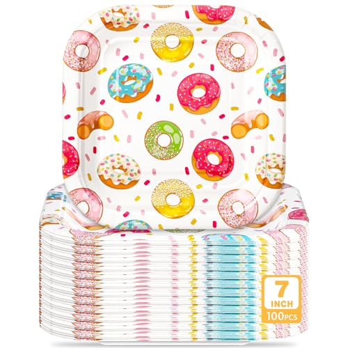 Potchen 100 Pcs Dessert Plates Bulk 7 x 7 Inch Disposable Square Paper Plates Heavy Duty Party Plate for Birthday Party Baby Shower Wedding Picnic Event Supplies(Donut)
