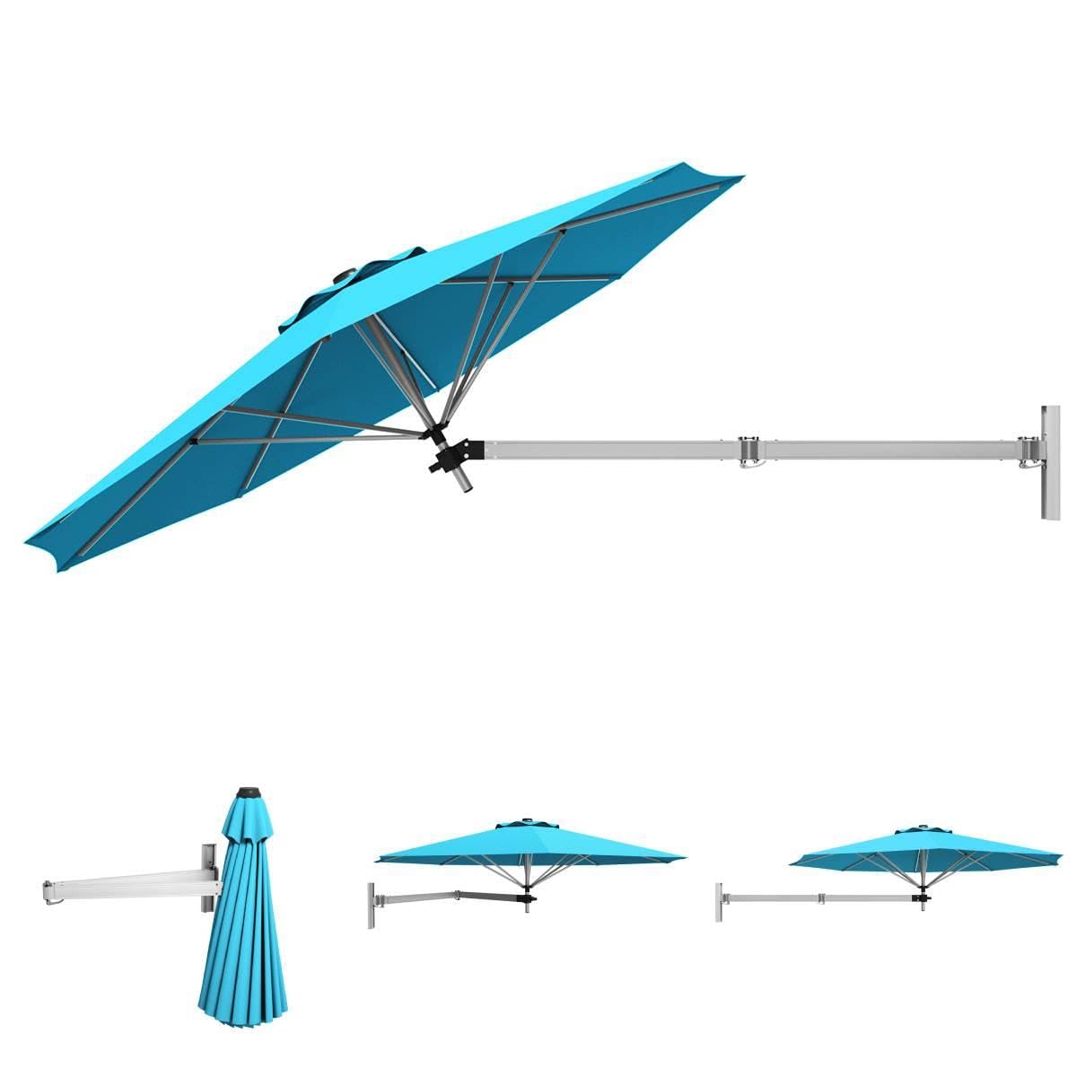 SFAREST Wall-Mounted Parasol, UV Protective Waterproof Cantilever Parasol Umbrella with Adjustable Pole & Wind Vent, 8-Rib Outdoor Hanging Umbrella Tilting Sun Shade for Garden Patio Yard (Turquoise)