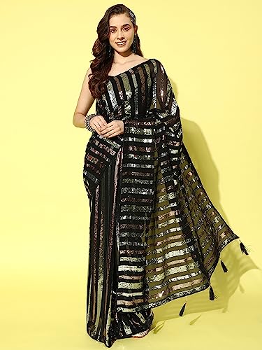 Image of AKHILAM Women's Black Embellished Georgette Saree With Unstitched Blouse Piece