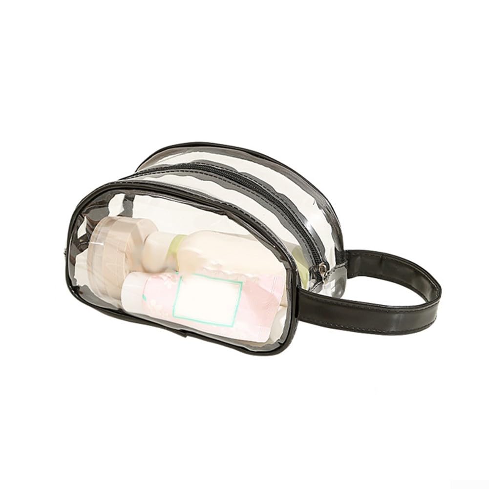 Clear PVC Makeup Bag with Zipper, Large Capacity Transparent Toiletry Bag, Waterproof Cosmetic Organizer for Travel Gym Beach, Stadium Approved(Half-Moon Black)