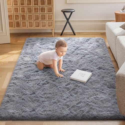 Grey Rugs for Bedroom Fluffy 3x5 ft Living Room Rug Non-Slip Area Rugs Shag Carpet for Nursery Kids Play Room Dorm Office Indoor Modern Plush Carpets Boys Light Gray