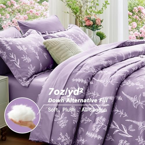 Image of MUXHOMO Grayish Purple Bed in a Bag King 7 Pieces, King Comforter Set Reversible Botanical Flowers Design, Ultra Soft & Breathable Bedding Sets with Comforter, Sheets, Pillowcases & Shams