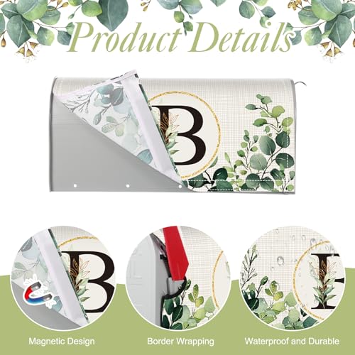 Image of Tiamon Monogrammed B Mailbox Covers Magnetic Eucalyptus Welcome Letter Box Wrap Standard Size 21x18 Inch Spring Summer Leaves Mailbox Decor Eucalyptus Letter Numbers Decoration for Outdoor Garden Yard