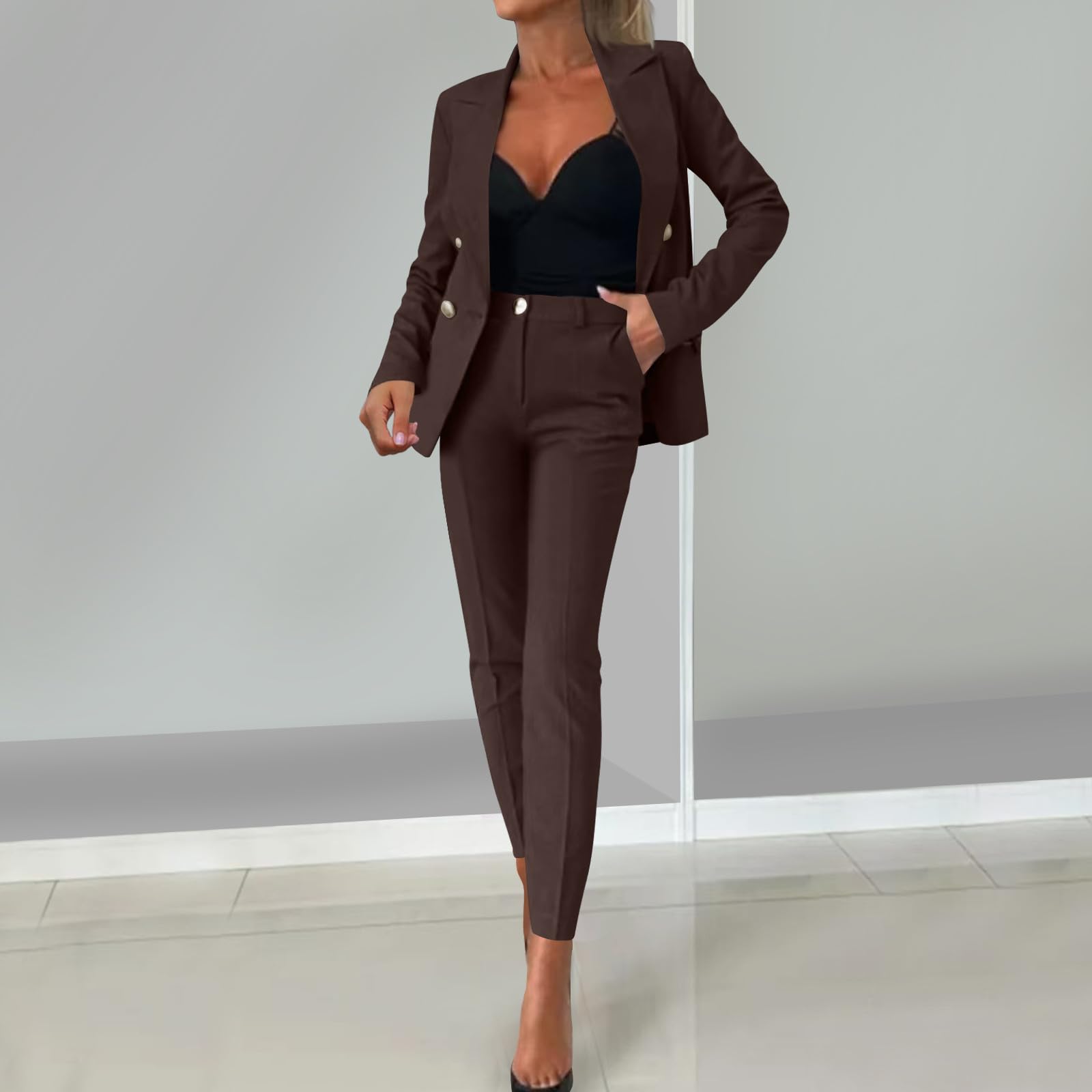 2025 Hosenanzüge Damen Elegant Curvy Sommer Hosenanzug Business Anzug Set Zweiteiler Einfarbig Blazer Hose Festlich Lange Hosenanzüge Sportlich Slimfit Streetwear Frauen Baumwolle Freizeitanzug