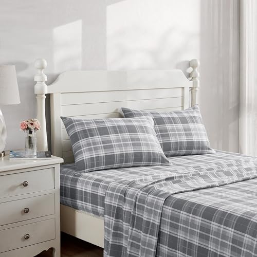 Image of Laura Ashley - Flannel Sheets Twin Size, Anti-Pilling & Wrinkle Resistant Cotton, Touchably Soft for All-Season Comfort - Bed Sheets with Matching Pillowcases & Fitted Sheet (Mulholland Plaid Grey)
