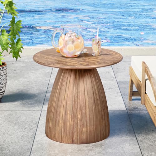 Xyulmeo Metal Small Patio Table Round Outdoor Side Table Wood Color Outdoor Accent Patio End Table for Garden Pool Yard Balcony Living Room Deck Weather Resistant No Assembly