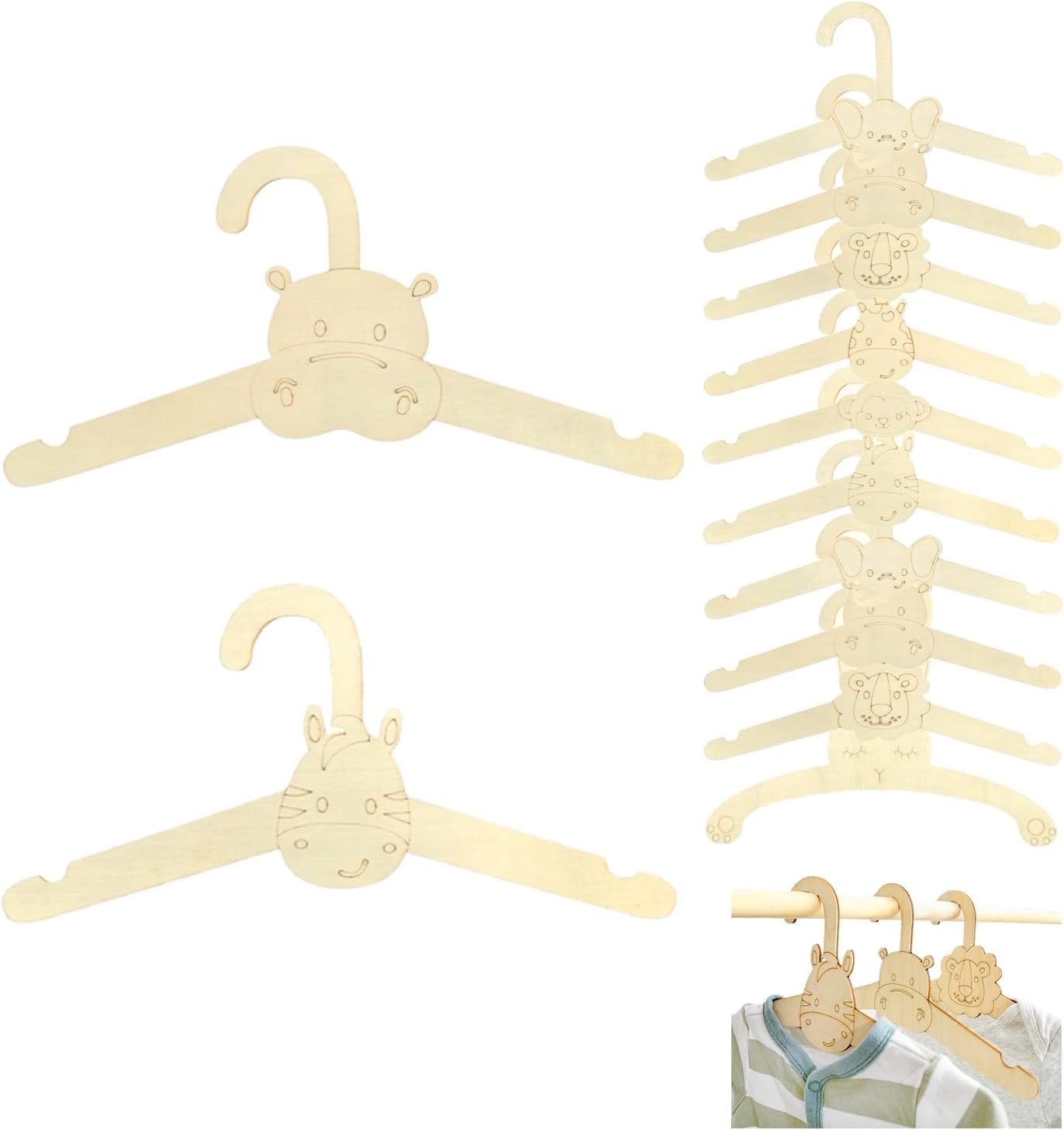 10 PCS Wooden Baby Hangers, Animal Baby Clothes Hangers, Hanger for Baby Clothe Space-Saving Slim Design for Infant Toddler Jackets Dresses Pants, Non-Toxic Durable Kids Clothes Hanger