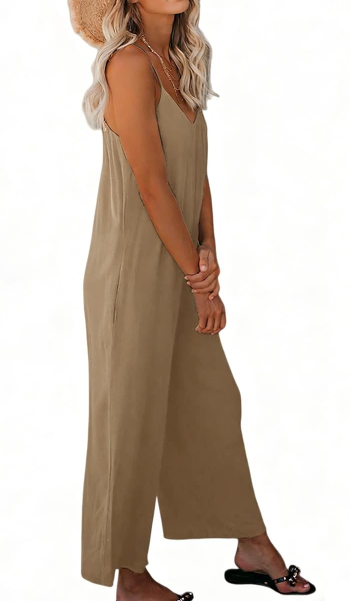 Mono Peto Suelto De Mujer Verano Tirantes Finos Ropa Pierna Ancha Con Bolsillos Casual Color Sólido Playa Pantalón Peto Mujer Monos Pantalones Palazzo con Bolsillos Casual Jumpsuit