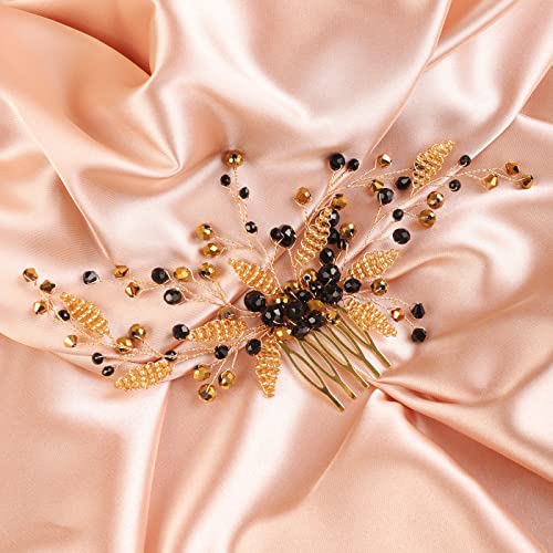 BERYUAN Women Girls Black Crystal Rhinestone Gold Beads Hair Comb Rhinestone Wedding Hair Comb Gold Bride Headband Wedding Hair Accessories for Women Girls - Image 4