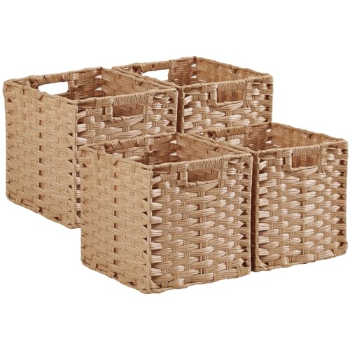 SOCOHOME Caja de almacenamiento, 31 x 31 x 31 cm, ratán sintético, cajas de almacenamiento para juguetes, ropa, estantería, habitación infantil, armario impermeable, no se mohe(4 unidades, beige claro