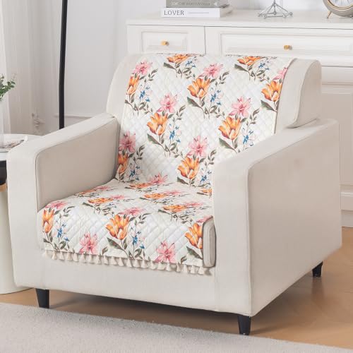 Image of HOKIPO Painterly Floral Quilted Sofa Cover for 1 Seater with Tassels for Seat & Back, 'Tassel Twigs' Series (IN-989-T8)