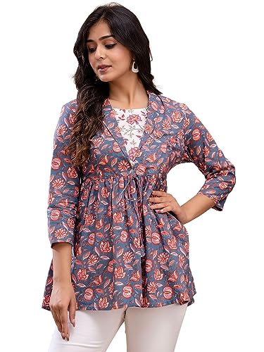 Image of feranoid Women's Cotton Floral Printed Short Kurti Tunic Top