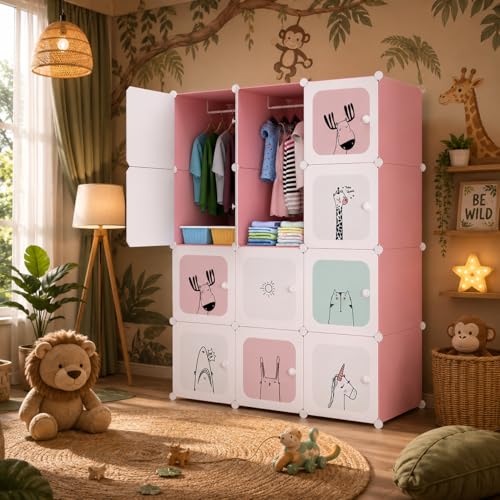 Image of Mevigo 12-Door Plastic Kids Wardrobe Foldable Almirah with Hanger Space |Portable Closet for Baby Clothes & Toys | DIY Printed Modular Kids Cupboard Organizer for Home,Nursery & Bedroom -Pink- C3