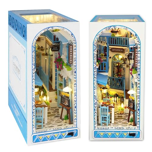 XPJBKC DIY Book Nook Kit, Booknook DIY Miniature Dollhouse Kit with LED Light, 3D Wooden Puzzle House Bookend Shelf Insert, Creative Dolls House Wood Model Book Shelf Decoration Gift, Sea Breeze