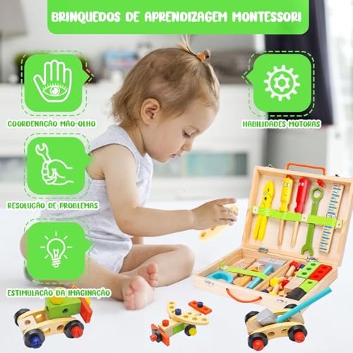 Brastoy Conjunto de Ferramentas de Madeira Infantil Brinquedos Montessori STEM Construção
