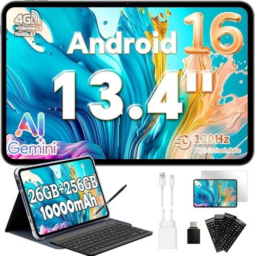TECLAST Tablet T65Case 13.4 Zoll 120Hz Display 10000mAh Android 16 Tablets 26GB RAM+256GB ROM(4TB TF) 4G LTE Dual SIM Widevine L1/13MP/GPS Gemini AI Tablets mit Tastatur Hülle Stift OTG