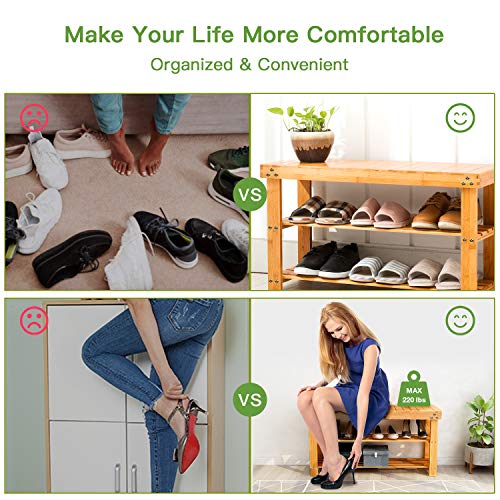 Bamboo Shoe Rack Bench, 3-Tier Shoe Shelf Organizer Holds up to 220 lbs, Entryway Storage Bench Ideal for Hallway Bathroom Living Room by Pipishell