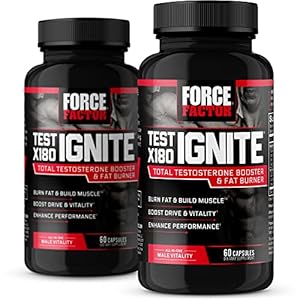 FORCE FACTOR Test X180 Ignite, Testosterone Booster & Fat Burner for Men, Testosterone Supplement to Burn Fat, Build Muscle, Increase Energy, and Boost Vitality and Performance, 60 Count (Pack of 2)