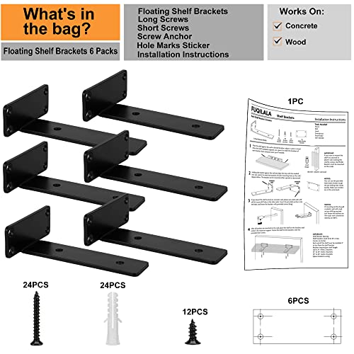 Fuqilala Heavy Duty Floating Shelf Brackets, 6 Pcs Of 8 Inch Industrial Shelf Bracket, 1/5 Inch Thick Black Metal Hidden Invisible L Shelves Brackets For Kitchen, Bathroom, Warehouse, Fireplace #TOP6