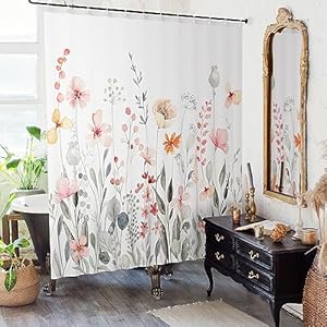KIBAGA Beautiful Floral Shower Curtain for Your Bathroom – A Stylish 72″ x 72″ Curtain That Fits Perfect to Every Bath Decor – Ideal to Brighten Up Your Cute Botanical Bathroom at Home with Plants