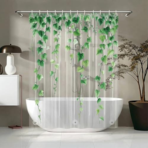 Clear Green Ivy Leaves Shower Curtain Liner Transparent Plastic Nature Green Botanical Leaf Decorative Waterproof Shower Curtains for Bathroom 72x72 Weighted Magnetic Shower Curtain Liner with Hooks