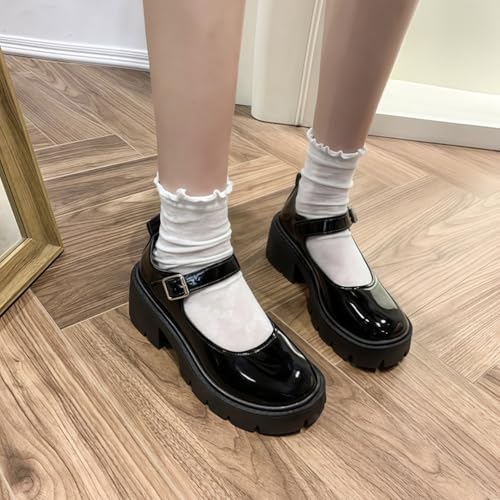 Image of Women's Platform Mary Janes Heart Cat Buckle Rivets Ankle Lolita Gothic Princess Platform Pumps Patent Leather Thorn Vintage Traditional Embroidery Upper Dress Shoes