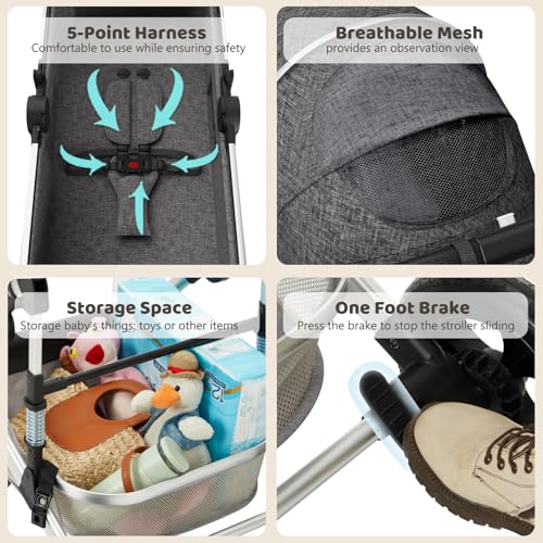 TODEFULL Convertible Baby Stroller, 3 in 1 Folding Infant Stroller, High Landscape Pushchair w/Adjustable Backrest & Canopy, Newborn Bassinet Pram with Foot Cover, Storage Basket, Dark Grey