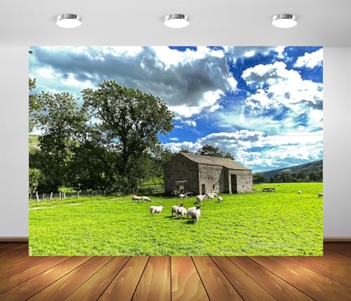 Fondo fotográfico rural 10x6.5 ft con ovejas y campo miniatura 1