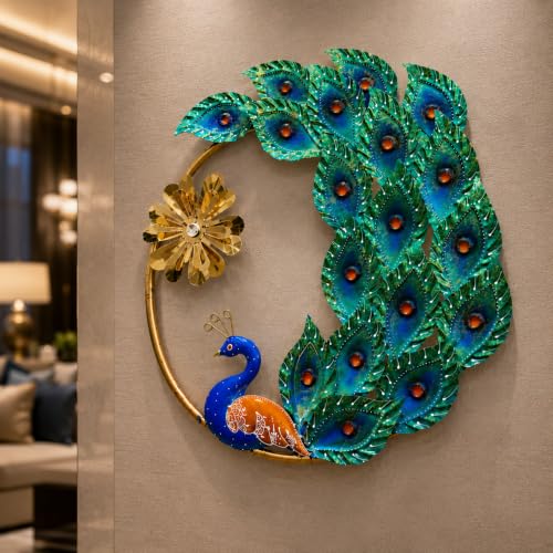 Image of Framing Hub - Modern Round Peacock Metal Wall Art, Handmade Leaf Wall Hanging with Golden Flower, Home Decor for Living Room Bedroom, (21 x 21 Inch)