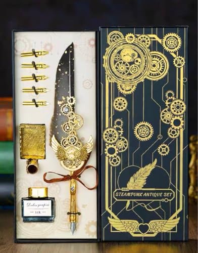 PLUSPOINT Vintage Quill Feather Pen and Ink Set,Elegant Writing Luxury Fountain Calligraphy Ink Pen Set Retro Decor Dip Pen Office Stationery Corporate Gifting for Signature(Vasco-8), Multicolor