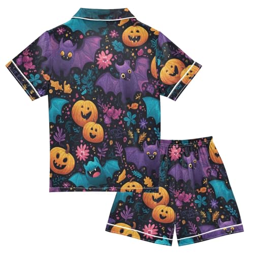 Satin Pajama Sets Short Sleeve Halloween Bats Pumpkins Button Down Silky Nightwear 2 Piece PJS 5-14Y2
