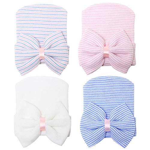Olreco Newborn Hospital Hat Baby Hats for Girls Infant Beanies Baby Nursery Cap Bows and Headbands 4 Pack Bows A