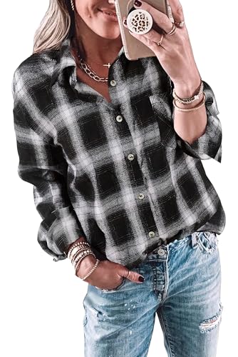Imily Bela Bluse Damen Kariertes Longbluse Casual Langarmshirt Flanellhemd Karohemd Knöpfen Longsleeve Oberteile.Schwarz Weiß.L