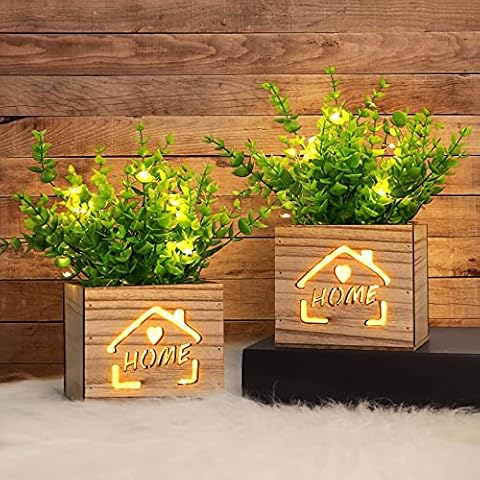 AceList Pack of 2 Artificial Plant with LED Lights in Wooden Box, 11 x 9 x 26 cm Artificial Plant Artificial Plants in Pot for Home Office Desk Kitchen Decoration, Valentine's Day/Mother's Day Cover