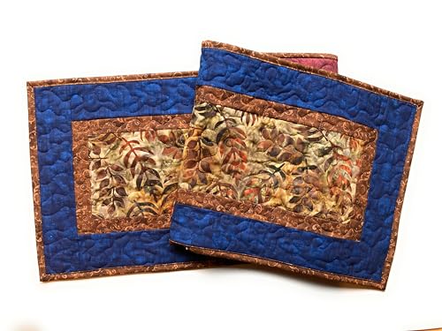 Batik Fall Leaves Quilted Table Runner, Autumn Golden Brown Rust Blue, Dining Coffee End Table Runner, 13x48 Reversible Summer TahoeQuilts Handmade