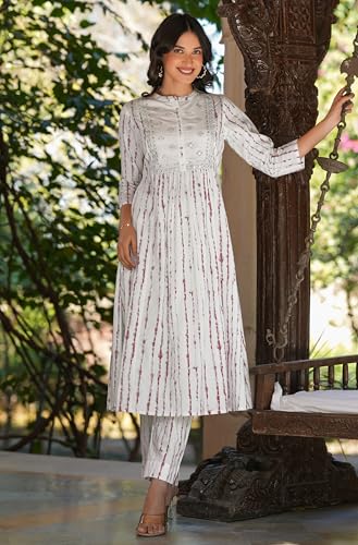 Image of Janasya Women's White Pure Cotton Tie & Dye With Mirror Work A-line Kurta Pant Set