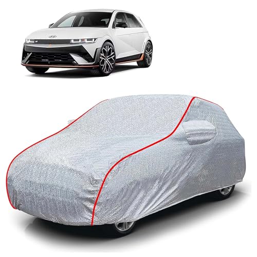 Image of Sulfar 100% Waterproof Car Body Cover Compatible with Mirror for Hyundai IONIQ 5 (Triple Stitched, Full Bottom Elastic, Magic Silver with Red Piping)