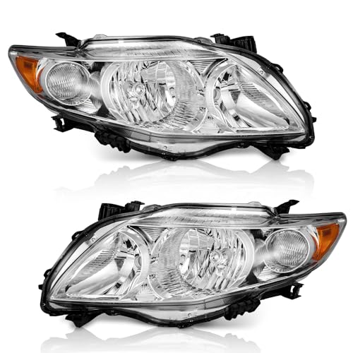 WEELMOTO Headlights for 2009-2010 Toyota Corolla Headlamp Replacement compatible with 09 10 Toyota Corolla Chrome Housing Clear Lens Amber Reflector