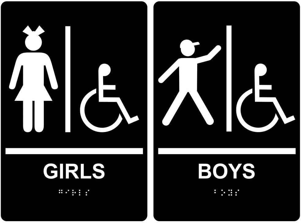 ComplianceSigns.com Girls Boys Wheelchair Accessible Restroom Sign Set, ADA-Compliant Braille and Raised Letters, 9x6 in. Black Acrylic for Bathrooms