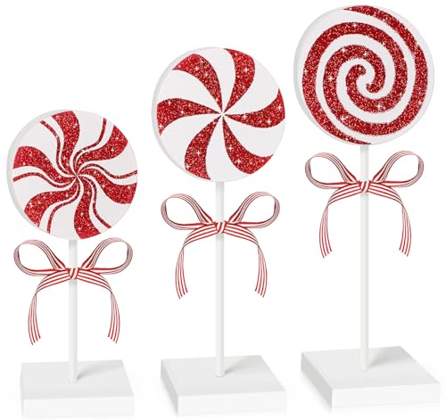 AWHETIE 3 PCS Candy Cane Christmas Decorations,Wood Peppermint Christmas Table Decorations,Candy Cane...