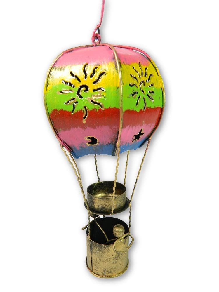 Thai Gifts Multi-Coloured: Gold Basket Hot Air Balloon Hanging Metal Ornament Tea Light/Candle Holder - Multicoloured, 25Cm With Sturdy Hook - Detailed Ballon & Basket Design - Unique, Handmade Candle Holders - Garden & Home Decoration