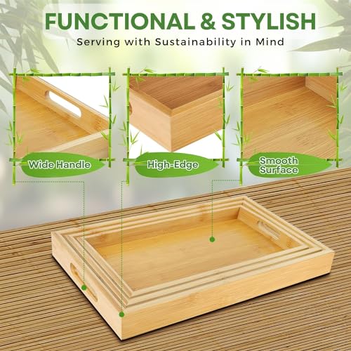Flexzion Bamboo Trays for Serving Food - 3 Pack Bamboo Wooden Serving Trays with Handles - Rectangular Bamboo Food Tray Set (Large, Medium, Small) for Breakfast, Lunch, Dinner, Snack, Party, Bed - Image 5