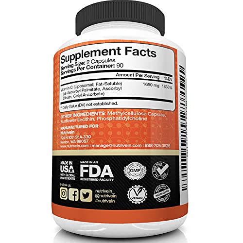 Nutrivein Liposomal Vitamin C 1650Mg - 180 Capsules - High Absorption Ascorbic Acid - Supports Immune System & Collagen Booster - Powerful Antioxidant #TOP3