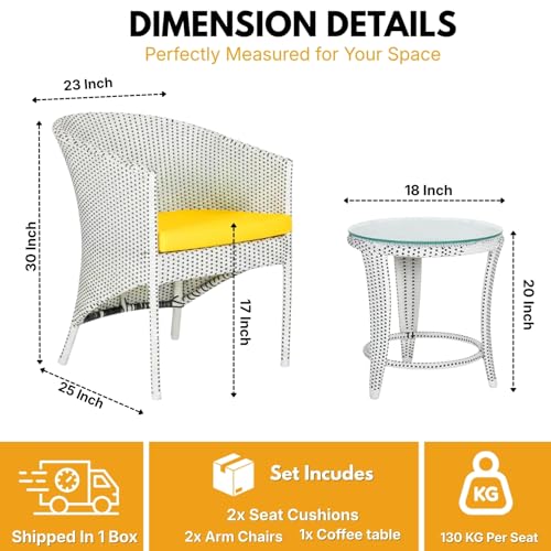 Image of DEVOKO Outdoor Patio 3-Piece Wicker Chair Table Set with Double Waving HDPE Rattan All Weather Resistant Furniture with Glass Top Table & Comfy Seat (White Black & Yellow)