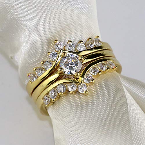 Yellow Gold Plated 3pcs Womens Wedding Ring Sets Bridal Sets Round Cz Engagement Ring Wedding Band4